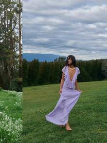 Nuevo vestido femenino top  de gasa monocolor sin mangas, volantes en escote V, ligero y elegante - Morado - Ver 5