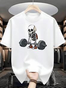 Esqueleto levantando pesas representa fuerza y disciplina deportiva constante en esta camiseta de hombre ideal para entrenar en el gimnasio diario - Blanco - Ver 1