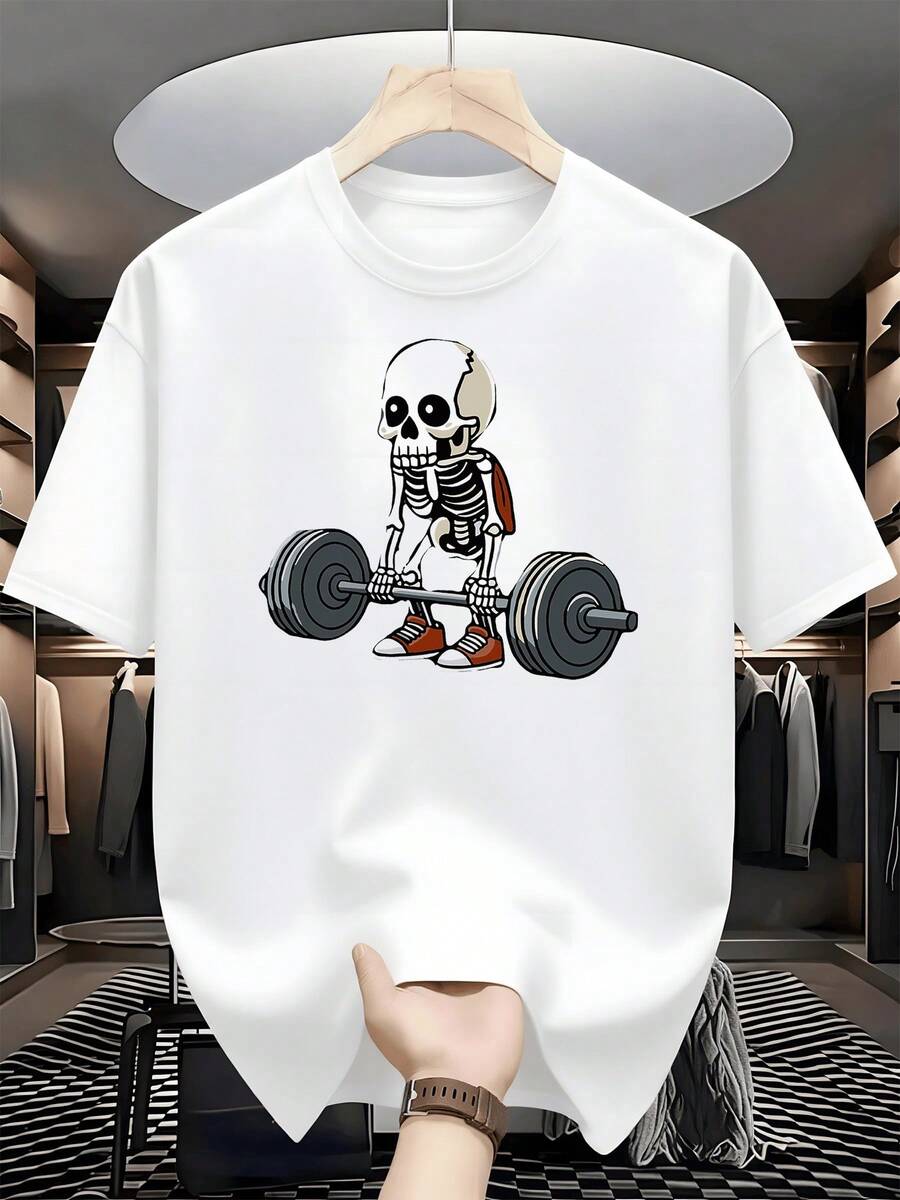 Esqueleto levantando pesas representa fuerza y disciplina deportiva constante en esta camiseta de hombre ideal para entrenar en el gimnasio diario - Blanco - Ver 1