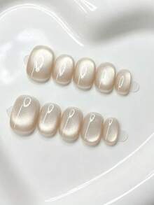Toloky 短圓形裸色牛奶貓眼穿戴甲，極簡風假指甲，簡約溫柔啞光珍珠色 Coquette 手工可重複使用假指甲片，適合辦公室日常休閒美甲，返校季 Y2K 風格夏季指甲，日常旅行度假適用 - 彩色 - 查看 3