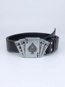 1pc Punk Street Style Poker Card Shaped Buckle, Simple Casual PU Belt, Unisex - Black - View 7
