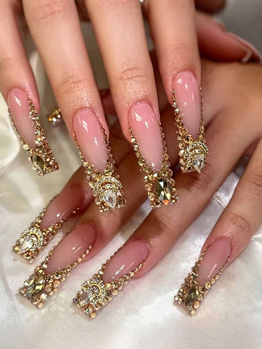 24pcs Long Square French Press-On Nails, Rectangular Shape, Embellished With Large 3D Gold Rhinestones, Metal Decor Design, Luxurious Y2K Style, Smooth Surface, Full Coverage, Suitable For Women And Girls Daily Wear - Multicolor - View 1