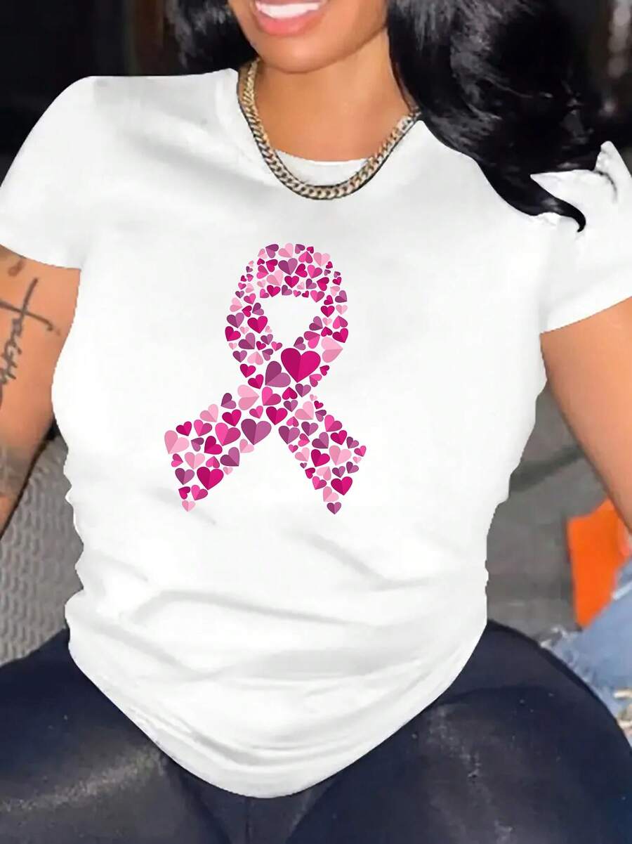 Camiseta deportiva casual para mujer con estampado de "lazo rosa en forma de coraz￳n" tem£tica del Mes Rosa de Concienciaci￳n sobre el C£ncer de Mama - Cuello redondo, suave, transpirabl