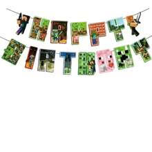 1 Piece MINISO Pixel Block Theme Birthday Banner - Minecraft Inspired Hanging Garland Decoration, Perfect Wall Backdrop For Gamer's Birthday Celebration, Creative Square-Pixel Style Party Supplies. - Banner - View 6