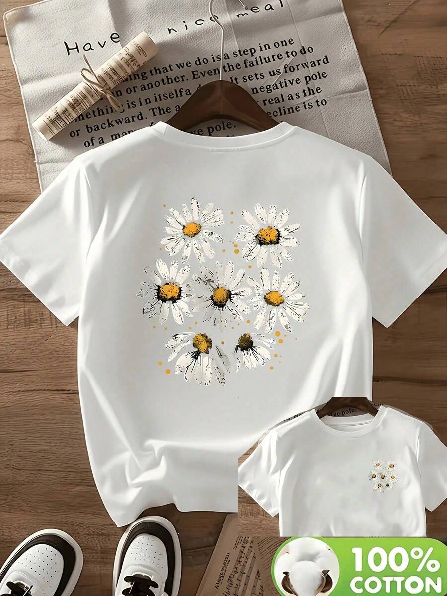 Daisy Print T-Shirt, Short Sleeve, Casual, Retro Vintage Style, Youthful Fashion, Streetwear, Novelty Women's Clothing, Alternative Everyday Wear - 白色 - 查看 1