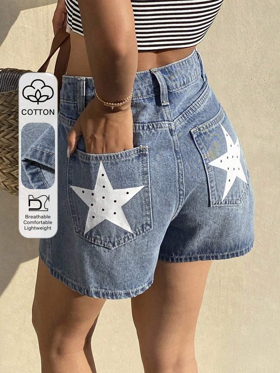 Shorts vaqueros casuales de verano para mujer con estampado de estrellas y lunares - Lavado ligero - Ver 1
