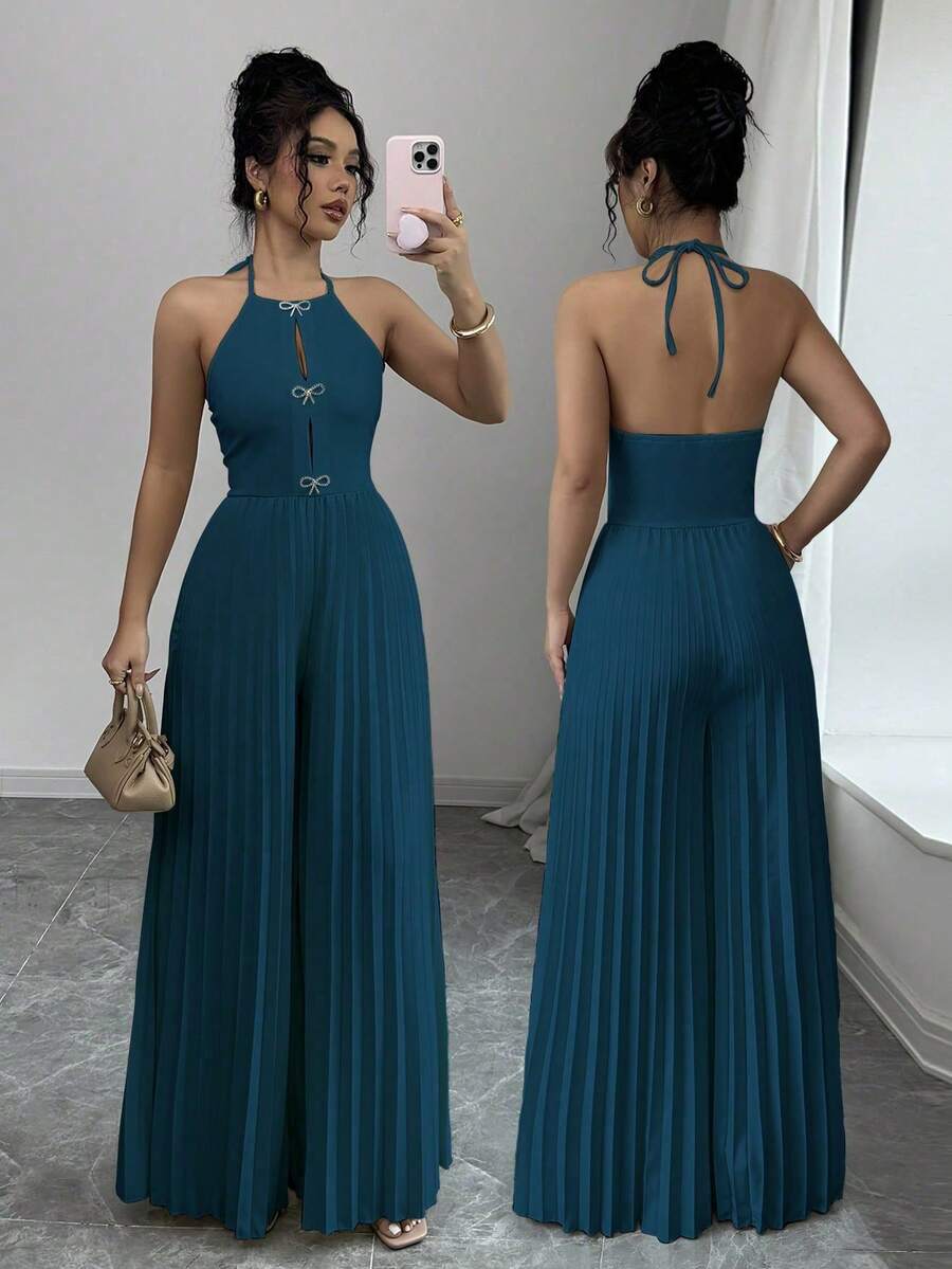 Elegant Women's Wide-Leg Jumpsuit With Rhinestone Metal Bow, Pleats, Side Slit And Halter Neck In Apricot Color - Blue - View 1