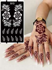 3pcs/Set Hana Hand-Drawn Hollow Tattoo Stencils, Floral Pattern Nail Art Tattoo - Sexy Floral Design, Suitable For Hands, DIY Painting, Ink, Reusable Mehndi Design Template Stickers - Black - View 3