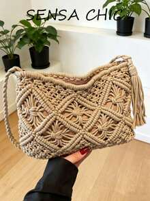 Bolso bandolera tejido bohemio de color sólido, bolso cuadrado pequeño tejido a la moda, adecuado para vacaciones en la playa, compras urbanas, elección perfecta para vacaciones en la playa, - Marrón - Ver 2