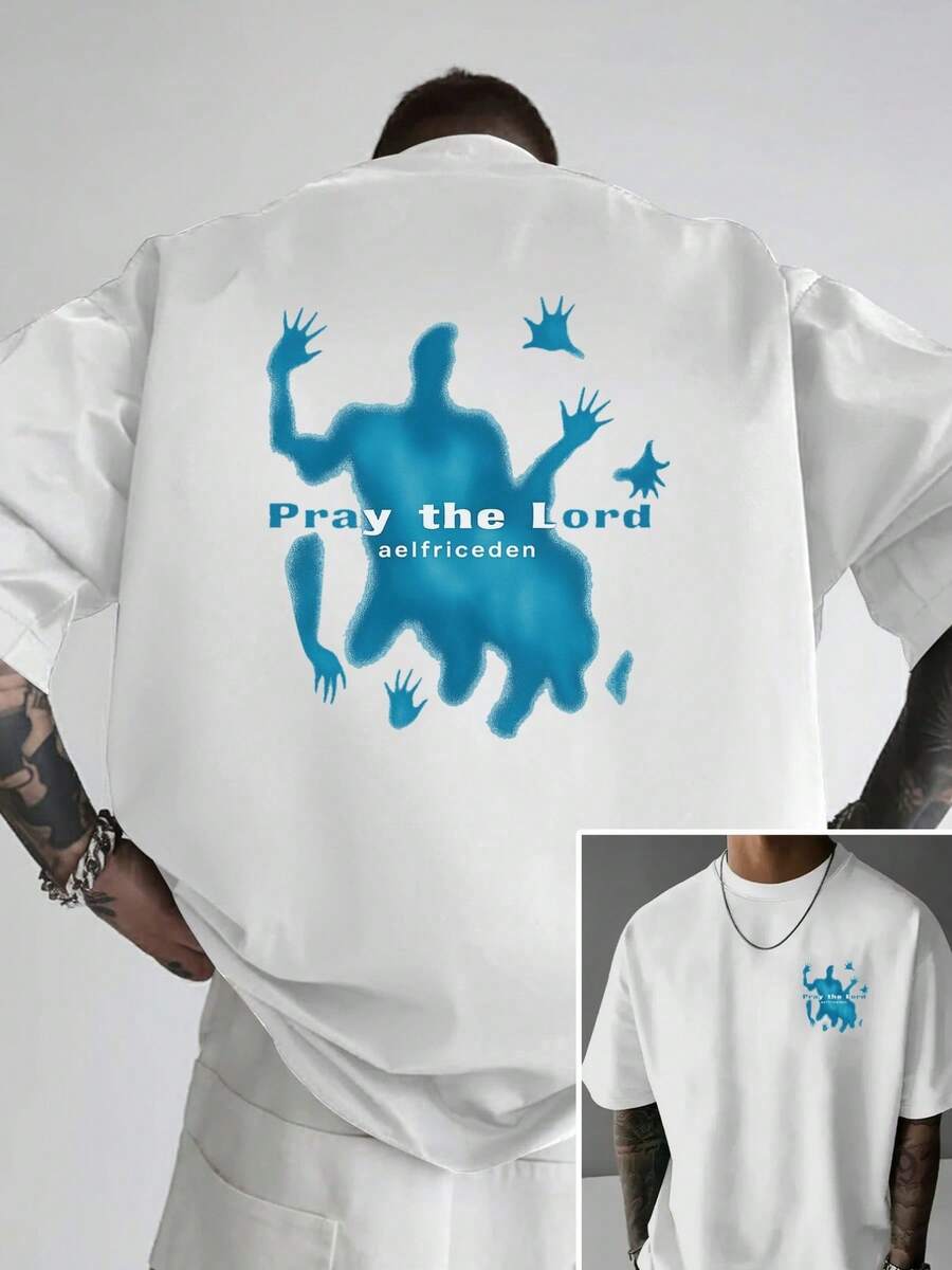 Men's Off-The-Shoulder T-Shirt With A Prayer Motif On The Front, Loose-Fitting Men's T-Shirt, Modern And Men's Clothing, A Short-Sleeved T-Shirt - 白色 - 查看 1