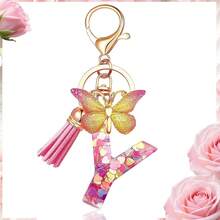 1pc Luxury Pink A-Z Lucky Initial Butterfly Pendant Resin Keychain, Women's Bag And Car Key Charm, Gift For Girlfriend, Mother And Teacher - Pink - View 16