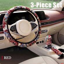 Bohemian Style 3pcs Car Interior Set, Includes Car Steering Wheel Cover Fit 14.5-15inch + Handbrake Cover + Gear Shift Cover, Easy Installation, All Season Use, Holiday Gift, Car Interior Accessories - Multicolor - View 11