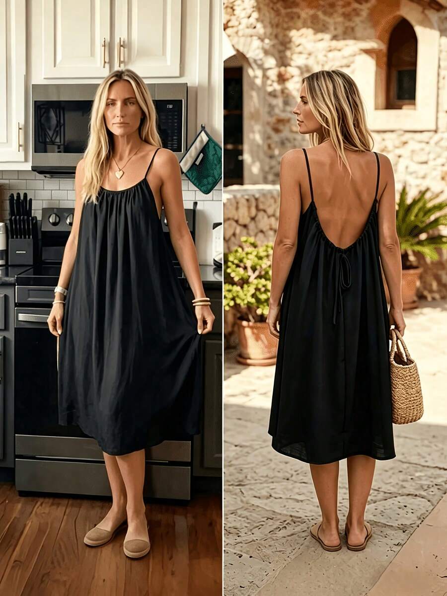 Perfect For Your Vacation! Midi Dress With Thin Straps, Open Back With Drawstring, Lightweight Fabric That Flatters Your Figure. - 黑色 - 查看 1