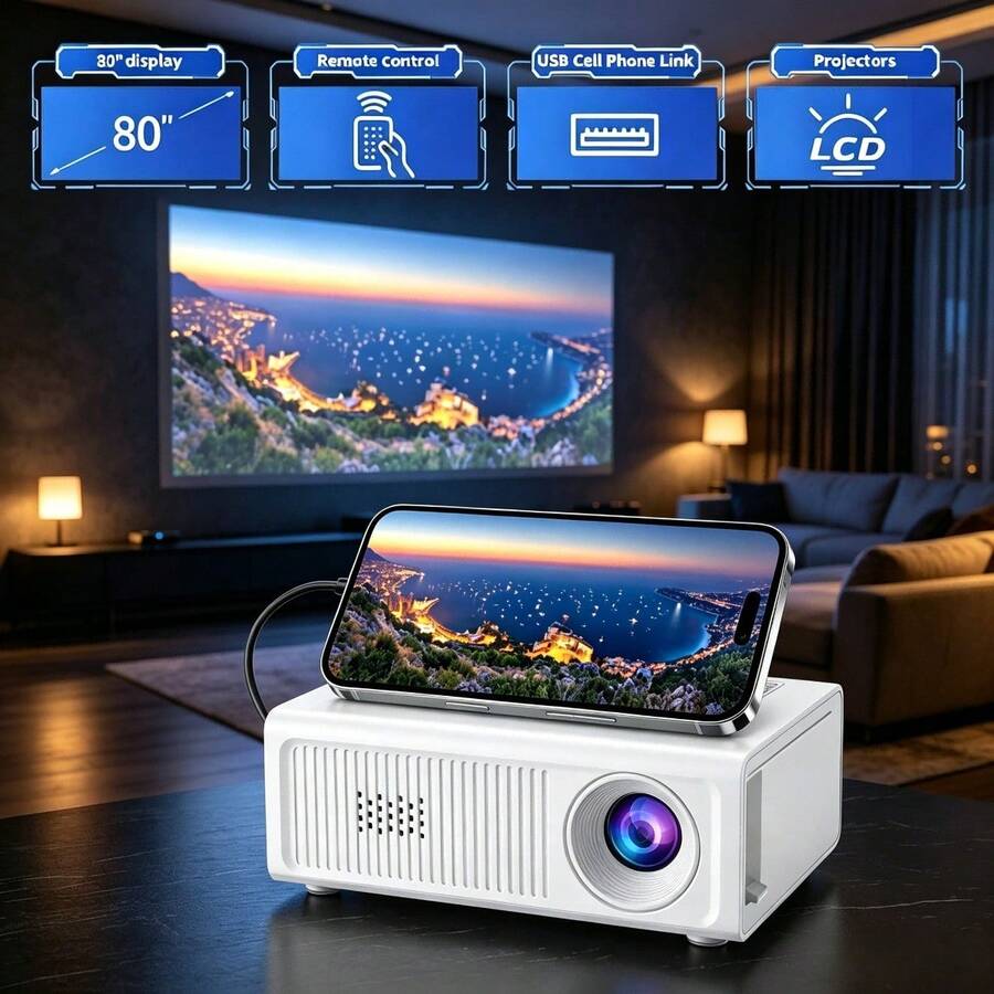 Mini LCD Projector, Supports USB Phone Connection, Remote Control Operation, Compatible With IOS And Android Phones, Home And Outdoor Cinema, Portable Compact Black Home Video Projector