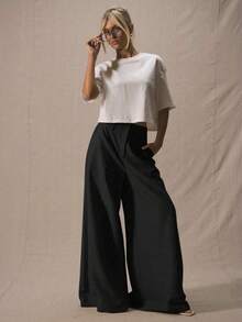 Pantalones con pierna extremadamente ancha, cintura profunda, elegantes, profesionales, de negocios, casuales, de vacaciones, de invierno, de - Blanco - Ver 7