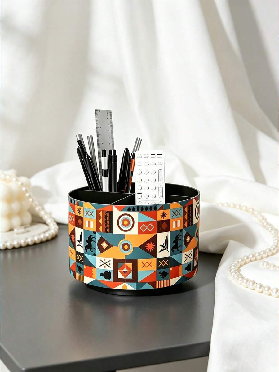 4-Compartment Rotating Storage Bucket, 360° Free Rotation Printed Design, Vanity Makeup Brush Living Room Remote Control Home Organizer Box - Multicolor - View 1