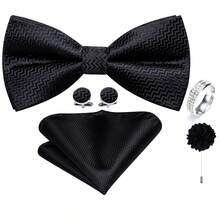 5Pcs Black Geometric Water Ripple Men Accessory Set, Bow Tie Pocket Square Cufflinks Ring Boutonniere, Random Cufflink Patterns, For Groom Wedding - Black - View 2