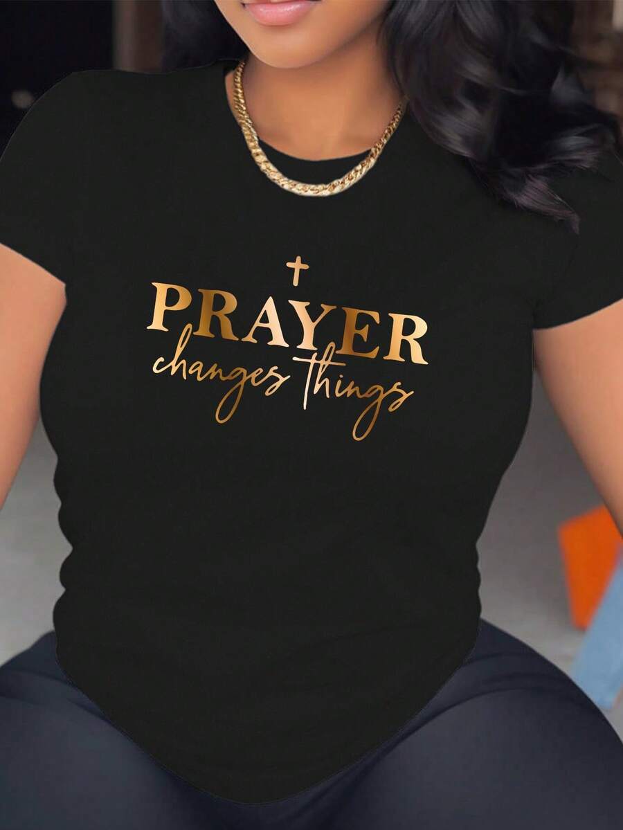 T-Shirt With Gradient Print Of English Letters For Spring And Summer, Graphic T-Shirts With The Phrase "PRAYER Changes Things" For Women. - Black - View 1