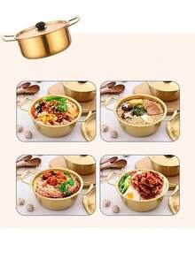 1pc Instant Noodle Pot, Gold Korean Style Ramen Pot, Stainless Steel Soup Pot, Gold Ramen Pot, Seafood Pot, Home Induction Cooker Instant Noodle Pot, Suitable For Soup, Heating Milk, Heat-Resistant Soup Pot, Dual Handle Design For Cooking Instant Noodles, Milk And Soup, Compact And Portable, Suitable For Office And Travel Use. - View 3