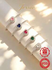 Jessie Jewelry 1pc Fashionable & Elegant Petite Vintage 925 Silver Heart Multicolor Ring, Stackable For Daily, Party, Wedding To Enhance Charm, Gift For Women - Love - View 1