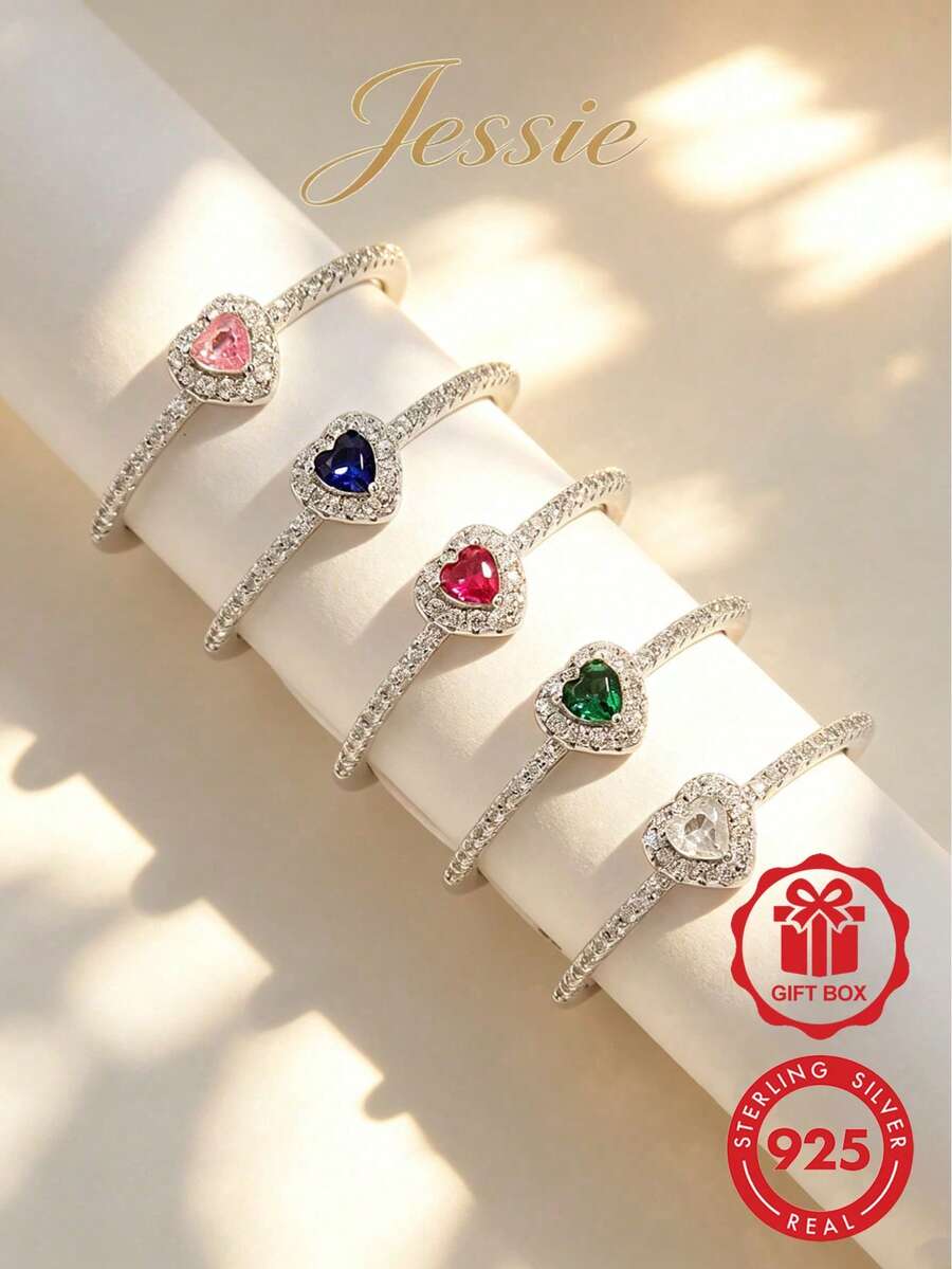 Jessie Jewelry 1pc Fashionable & Elegant Petite Vintage 925 Silver Heart Multicolor Ring, Stackable For Daily, Party, Wedding To Enhance Charm, Gift For Women - Love - View 1