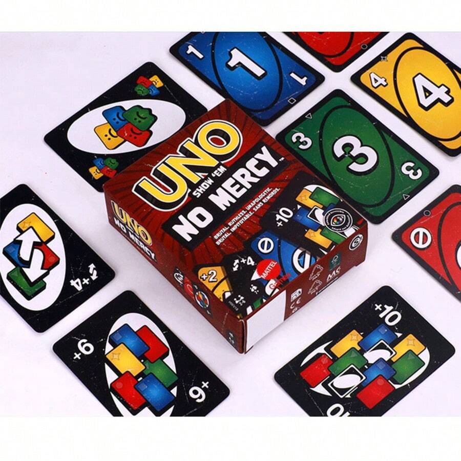 Mattel UNO Show 'Em No Mercy 卡牌遊戲，經典配對卡牌搭配獨特強大功能卡，可攜式多人旅行遊戲，適合家庭遊戲之夜與派對，生日、聖誕、節日禮物，適合青少年、成人與遊戲收藏家