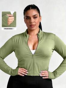 Plus Size Women's Solid Color Fitted Sports Jacket With Thumb Hole, Long Sleeve, Suitable For Yoga, Running, Fitness In Summer - Mint Green - View 2