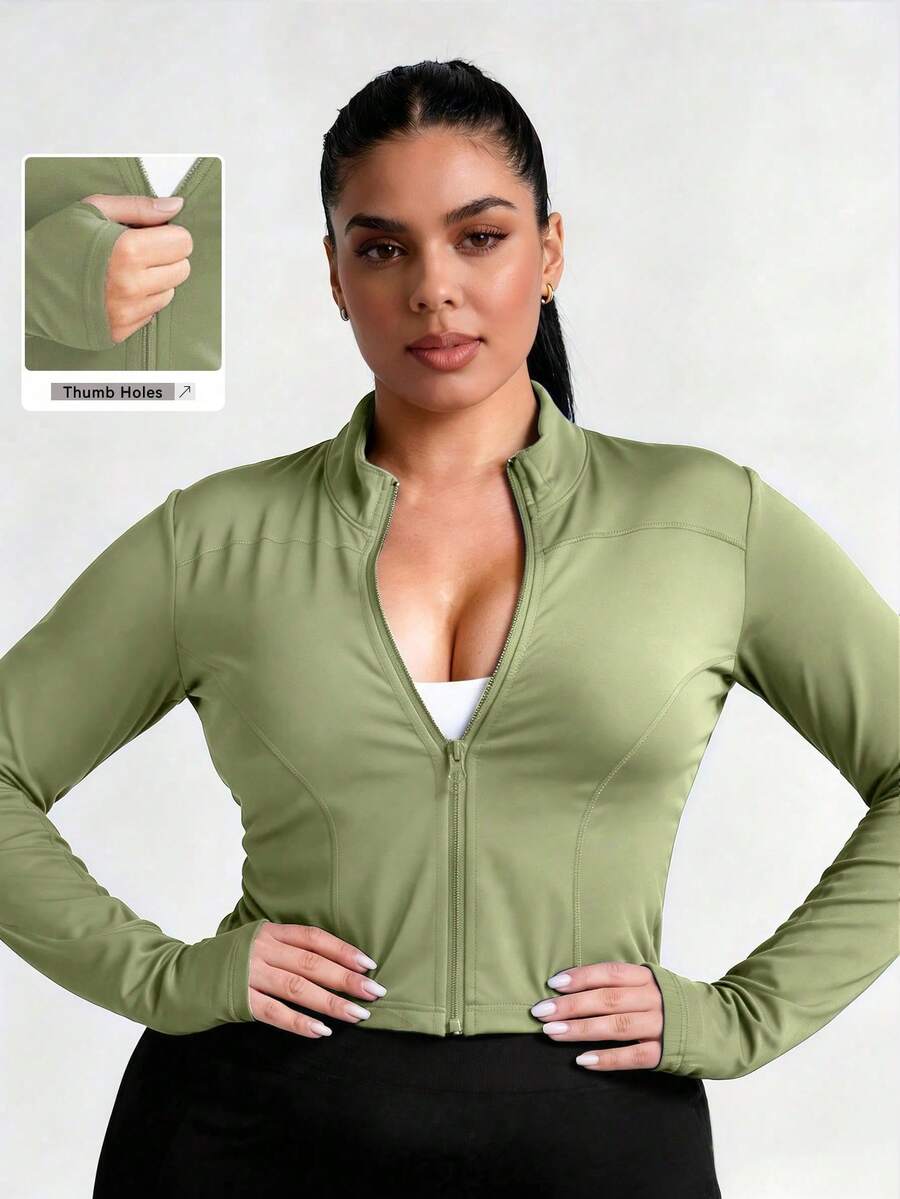 Plus Size Women's Solid Color Fitted Sports Jacket With Thumb Hole, Long Sleeve, Suitable For Yoga, Running, Fitness In Summer