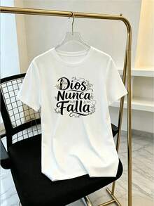 Playera Estampada con Estampado de Texto Floral Cuello Redondo Básica Estilo Retro Vintage Juvenil Moda Streetwear Verano Blusa Uso Diario Top - Blanco - Ver 1