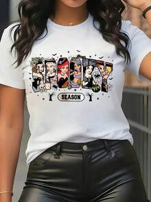Halloween Spooky Collage Print T-Shirt, Short Sleeve, Round Neck, Casual Urban Style, Fashion Streetwear, Girl's Clothing, Women's Summer Retro - 白色 - 查看 1