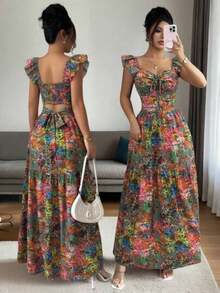 Vestido ajustado y acampanado con cuello de corazón, lazo y mangas farol, de estilo elegante y casual con estampado floral colorido, para pri - Multicolor - Ver 1