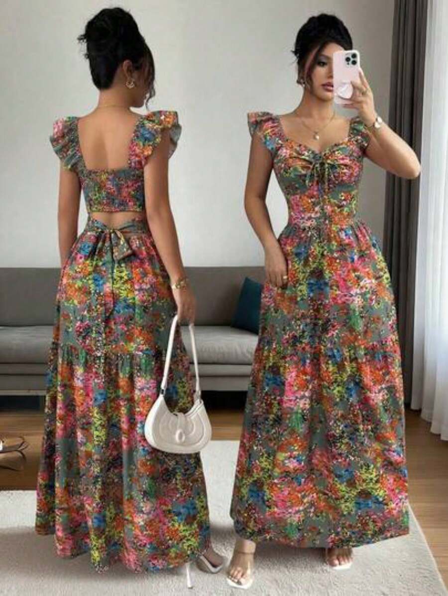 Vestido ajustado y acampanado con cuello de corazón, lazo y mangas farol, de estilo elegante y casual con estampado floral colorido, para pri - Multicolor - Ver 1