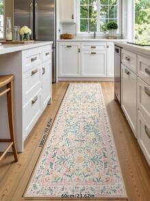 1 pieza Alfombra pasillera vintage con estampado floral, alfombra antideslizante lavable a máquina para interiores de cocina, alfombra de estilo bohemio ultra suave, adecuada para pasillo, cocina, lado de la cama, entrada - Rosa - Ver 3