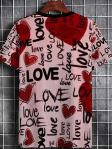 Camiseta ligera de manga corta para hombre con estampado de corazón - Prenda superior casual de verano de cuello redondo en rojo y blanco, adecuada para el hogar, restaurantes y atuendo casu - Negro - Ver 3