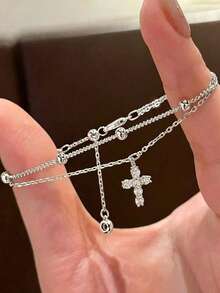 1pc Ascension Day Cross Inlaid Double-Layer Bracelet, Fashionable Luxury Copper Material, Suitable For Women's Daily Wear - Gold - View 13