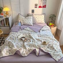 1pc Quilted Summer Air Conditioning Blanket With Hook And Lace Trim, Cute Pastoral Style, Soft And Comfortable Bedding, Suitable For Dorm, Bedroom, Apartment, Spring And Summer - Mauve Purple - View 6