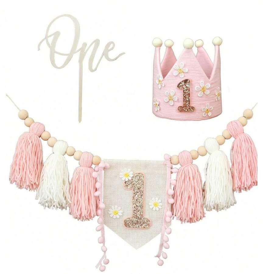 3 pièces Ensemble de décoration d'anniversaire rose, bannière pour chaise haute, couronne d'anniversaire, décoration de fête, accessoires de toile de fond photo pour fête d'anniversaire - 3 pièces couleur - Voir 1
