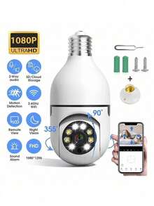 Cámara de vigilancia con bombilla Wifi de 1080P, Cámara De  1080p Wifi Hd E27, visión nocturna a color, rotación de 360°, seguimiento automático de personas, comunicación bidireccional, hogar inteligente - Blanco - Ver 2