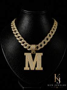 Rhinestone Large Letter M Pendant Cuban Chain, Men's Hip Hop Shiny Diamond Necklace Jewelry - M Pendant Necklace - View 2