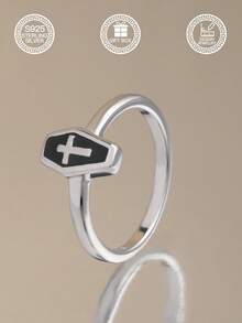 1pc S925 Sterling Silver Coffin Cross Ring, Dark Style Personalized Resin Inlaid Silver Ring, Punk Style, Suitable For Daily, Party, Bar Wear, Gift Box Included - Coffin Cross - View 5