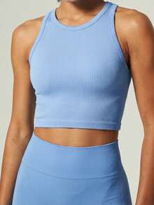 UONNOU Women's Ribbed Seamless I-Shaped Racerback Crop Tank Top, Round Neck Slim Fit Low Impact Yoga Workout Sports Vest - Blue - View 6