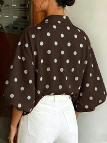 French Vintage Polka Dot Print Shirt, Summer New Loose Puff Sleeve Blouse, Draping Slimming Versatile Commute Casual Slouchy Lapel Cardigan - Brown - View 5