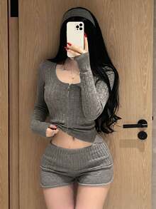 Vintage Zipper Waist-Cinching Slim-Fit Grey Short Cardigan, Elastic Knit Fabric Flattering Women's Cardigan, Suitable For Women Aged 18-35, Autumn - Dark Gray - View 4