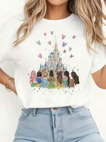 Oversized T-Shirt With Princess Castle Print, Short Sleeve, Casual Fashion, Youthful Style, Japanese Kawaii Urban Clothing For Women, Everyday Wear, Graphic Y2K - 白色 - 查看 1