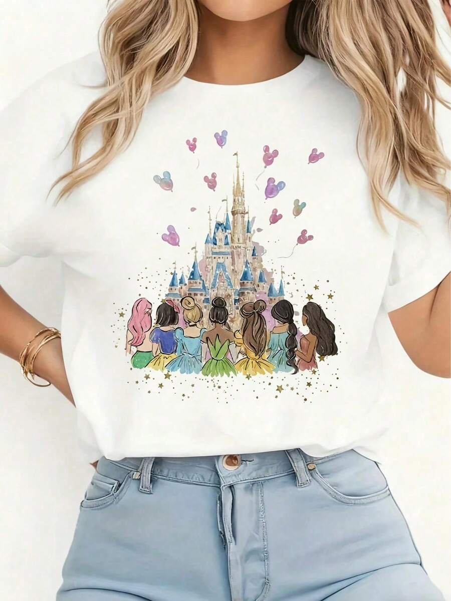 Oversized T-Shirt With Princess Castle Print, Short Sleeve, Casual Fashion, Youthful Style, Japanese Kawaii Urban Clothing For Women, Everyday Wear, Graphic Y2K - 白色 - 查看 1