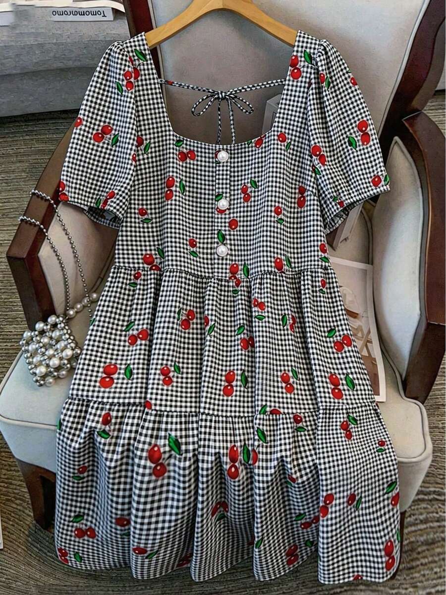 CURVE Women's Elegant Square Neck Floral Embroidery Dress, Exquisite Embroidered Dress Suitable For Daily Wear And Outdoor Activities - 黑色 - 查看 1