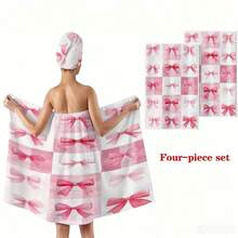 1 Set 4pcs Bow Checkerboard Checkerboard Print Dry Hair Cap Bathrobe Towel Set, Watercolor Hand-Painted Style Pattern, Bathrobe Towel, Dry Hair Towel, Wearable Bath Towel, Women's Bathrobe, Sauna Dress, Bathrobe, Shower Dry Hair Cap, Adult Home Bathrobe Dry Hair Cap Set, Machine Washable, Bathroom Accessories, Bathroom Essentials, Casual Decor, Travel Decor, Gift, Ideal Holiday Gift - Baby Pink - View 6