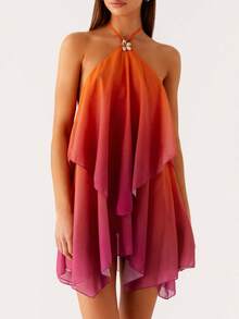 Vestido mini con escote halter y degradado, vestido con volantes en el bajo para noches de club, fiestas y salidas de verano - Naranja - Ver 1