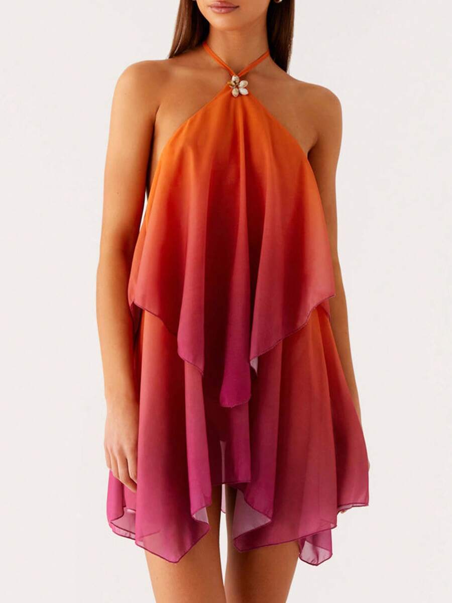 Vestido mini con escote halter y degradado, vestido con volantes en el bajo para noches de club, fiestas y salidas de verano - Naranja - Ver 1