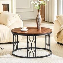 Round Coffee Table With Wood-Effect Top And Metal Frame, Modern Living Room Table With Geometric Iron Structure, Stable Round Side Table, Approx. 70 X 40.5 Cm - 卡其色 - 查看 3